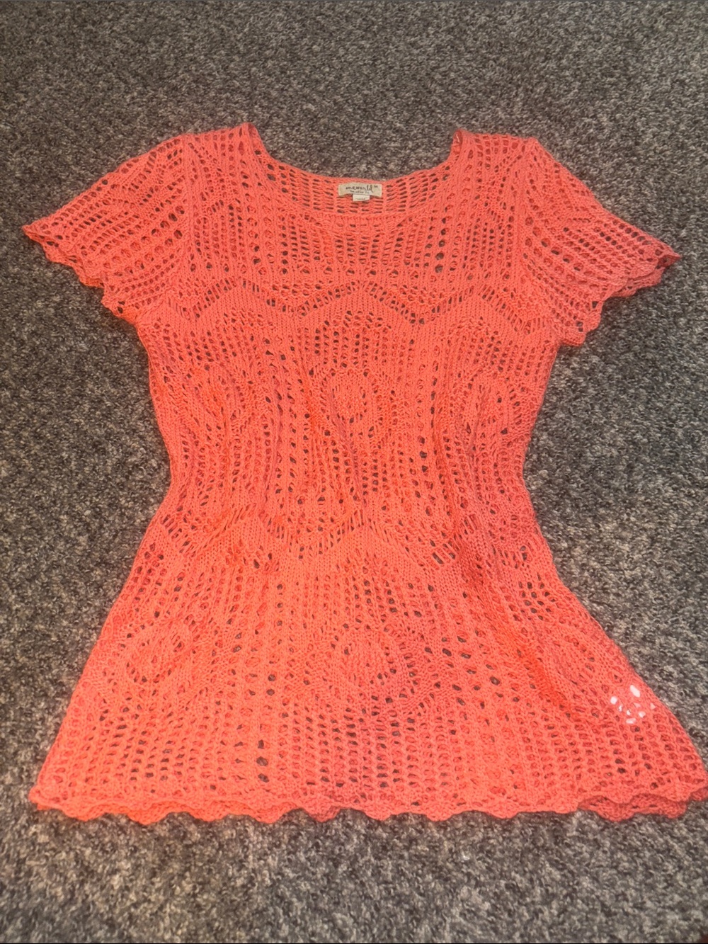 ONE WORLD Open Knit Short Sleeve Top in Coral
